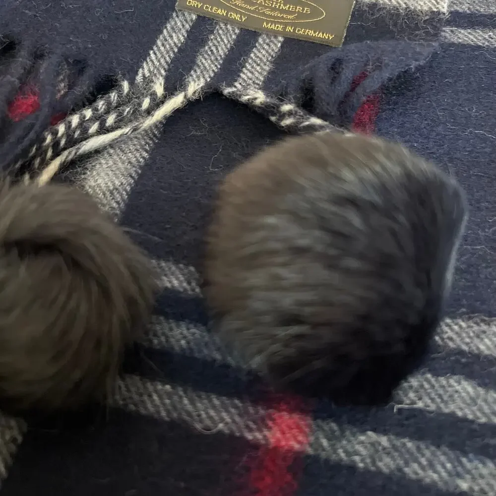 Cashmere Scarf Hand Tailored With Rabbit Fur Pom Poms size OS